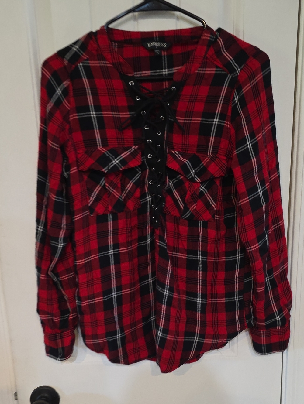 Express Red and Black Plaid Lace-Up Flannel Top